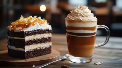 Aufkleber - cup of a fresh caramel latte with whipped cream on the table and chocolate cake : Generative AI