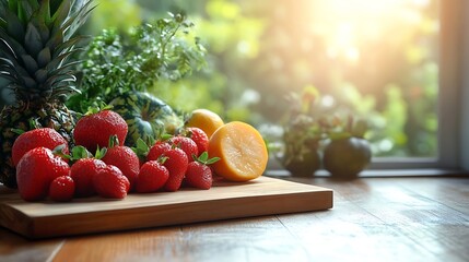 Aufkleber - Wooden board with fresh tasty fruits and empty space for your decoration Kitchen interior and natural sun light : Generative AI