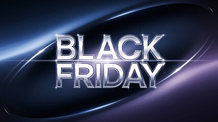 Futuristic Black Friday banner with sleek metallic 3D text and glowing blue and purple highlights, ideal for retail promotions, holiday sales, and modern digital marketing campaigns

