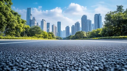 Canvas Print - Asphalt road and city skyline with modern buildings under blue sky : Generative AI