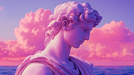 Poster - Close up of a classical statue against a vibrant, pink and purple sunset sky with an ocean in the foreground.