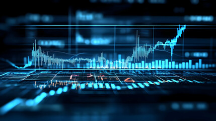 Poster - Close up of a computer screen displaying a stock market graph with blue lines and numbers on a black background.