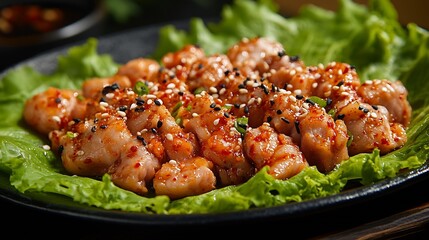 Poster - Korean food pigs feet pork bossam lettuce perilla leaves spicy garlic pepper salted shrimp : Generative AI