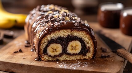Aufkleber - Banana Chocolate Swiss Roll Cake Sponge Roll with Chocolate Filling and Banana : Generative AI