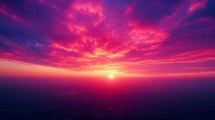 Canvas Print - Aerial panoramic view  of colorful pink and red colored evening sky without obstacles in the front Ideal for sky replacement projects : Generative AI