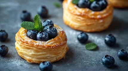 Poster - Tasty puff pastries with blueberries on grey table closeup : Generative AI