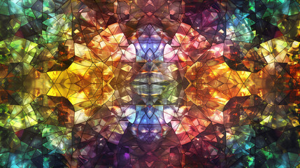 Poster - An abstract wallpaper featuring shattered glass pieces arranged in a symmetrical pattern, with light refracting through the cracks, background 