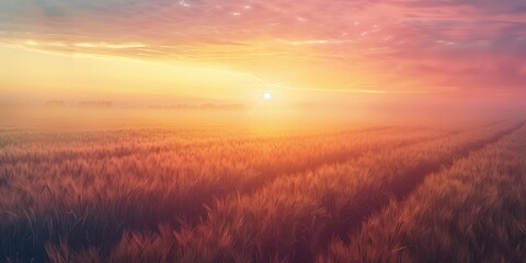 Poster - Misty Sunrise with Warm Glow and Soft Clouds over Field