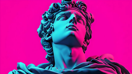 Poster - Close-up of a blue and pink sculpture of a man's head with wavy hair.