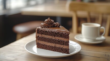 Aufkleber - chocolate cake on wooden table with a coffee cup : Generative AI