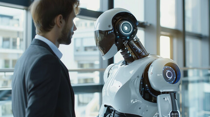 Poster - businessman interacting with a AI robot, businessman discussing business strategies with a futuristic humanoid robot, Artificial intelligence advancement concept, AI in business