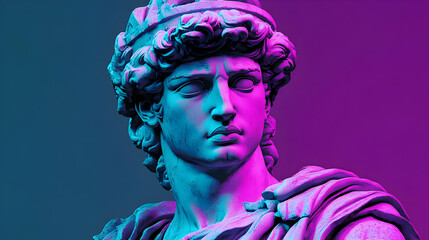 Canvas Print - Close-up of a classical sculpture of a man with a crown, illuminated in blue and purple lighting.