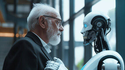 Poster - businessman interacting with a AI robot, businessman discussing business strategies with a futuristic humanoid robot, Artificial intelligence advancement concept, AI in business
