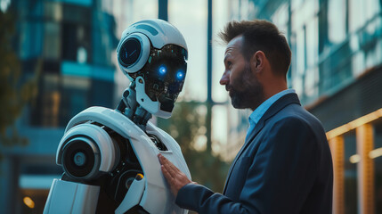 Poster - businessman interacting with a AI robot, businessman discussing business strategies with a futuristic humanoid robot, Artificial intelligence advancement concept, AI in business