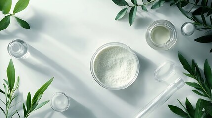 Poster - Organic cosmetic product natural ingredient and laboratory glassware on white background top view : Generative AI