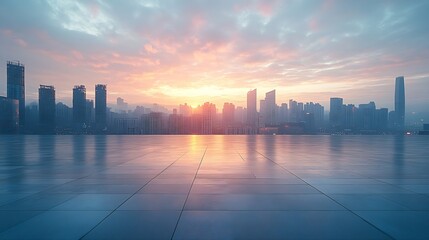 Poster - Empty square floors with modern city buildings scenery at sunrise in Chongqing : Generative AI