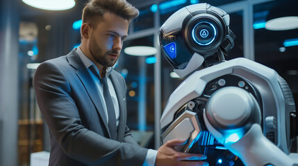 Poster - businessman interacting with a AI robot, businessman discussing business strategies with a futuristic humanoid robot, Artificial intelligence advancement concept, AI in business