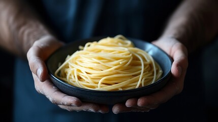 Poster - Man holding plate of delicious Italian spaghetti pasta on a dark background : Generative AI