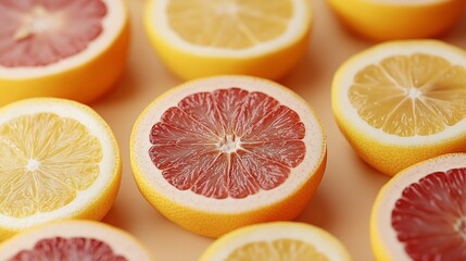 Poster - Creative layout made of grapefruit orange fruit and lemon on the beige background Food concept Macro concept : Generative AI