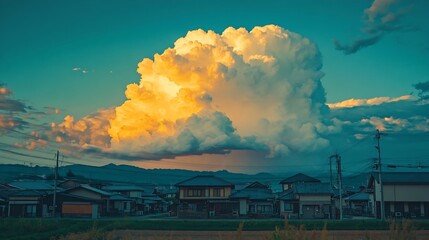 Wall Mural - Scenes of Cumulonimbus cloud on the blue sky in the evening along with villages in Japan rural area : Generative AI