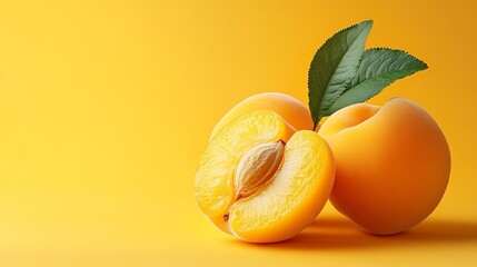 Poster - Fly fresh ripe apricot with green leaf and slice isolated on orange color background Clipping Path Full depth of field : Generative AI