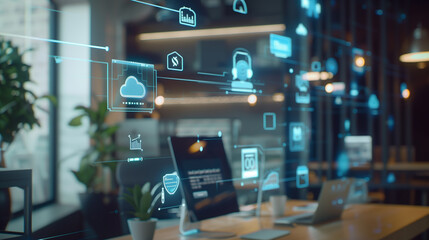 Poster - modern office communications network management system visualization through virtual display of icons, networking technology 