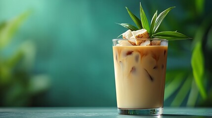Aufkleber - Iced coffee mixed with milk in a clear glass Coffee mixed with coconut water and coconut meat decorated with pandan leaves on top for added aroma : Generative AI