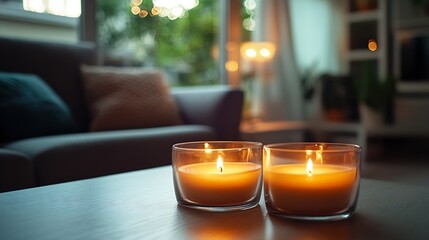 Modern interior of living room with stylish sofa and burning candles on table : Generative AI