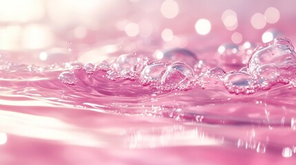 Poster - Abstract summer banner background Transparent pink clear water surface texture with ripples splashes and bubbles Water waves in sunlight with copy space Cosmetics moisturizer micellar  : Generative AI