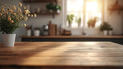 Leinwandbilder - Table with blurred background in a Scandinavian kitchen setting designed for advertising home kitchen products Empty kitchen counter bar for flexible designs placement : Generative AI
