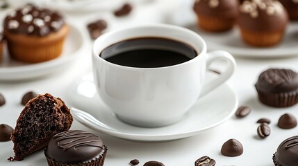 Aufkleber - Cup of black coffee with chocolate cakes on white table The concept of breakfast flat lay top view : Generative AI