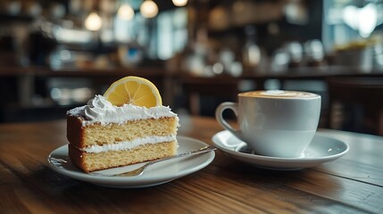 Poster - Coffee cappuccino and lemon cake in a coffee shop : Generative AI