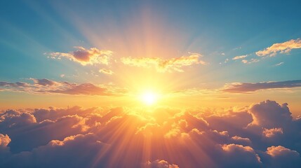 Fototapete - majestic morning colorful sunlight brush in air heavenly light reflected on fluffy clouds in golden time bright sun beams rays over panoramic view in summer gorgeous season freedom n p : Generative AI