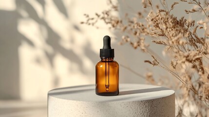 Amber glass dropper bottle with black lid on a podium with dry plants on light background Skincare products  natural cosmetic Beauty concept for face and body care : Generative AI