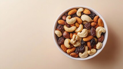 Poster - The mix of various nuts and raisins in a white bowl on a beige background : Generative AI