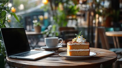 Poster - Photos of macadamia cake with chamomile tea on a coffee shop garden table with a notebook computer next to it : Generative AI