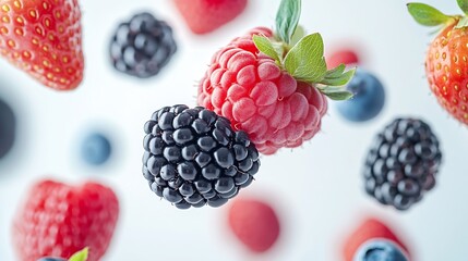Poster - Fresh mix berries fruit with red raspberry strawberry blackberry and blueberry flying in the air isolated on white background : Generative AI