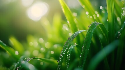 Poster - close up of nature fresh green grass with dews drop : Generative AI