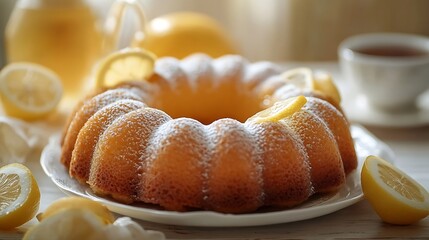 Poster - Homemade lemon cake in the form of a ring soaked with lemon syrup and cup of tea or coffee on white wooden table Front view : Generative AI