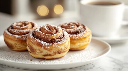 Aufkleber - Freshly baked cinnamon roll with spices and cocoa filling and coffee or cappuccino on white serving plate on white marble table over white background Swedish breakfast Copy space Selec : Generative AI