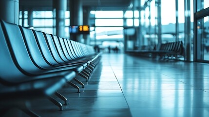 Poster - Row of chairs at airport lounge airport lobby with no one and have windows at the back of image Seats for tourist are waiting for boarding flight at the gate : Generative AI
