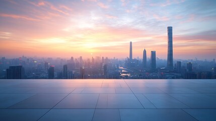Poster - Empty floor and modern city skyline with building at sunset in Suzhou Jiangsu Province China high angle view : Generative AI