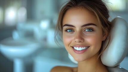 Sticker - Close-up portrait of a smiling young woman with beautiful blue eyes and white teeth.