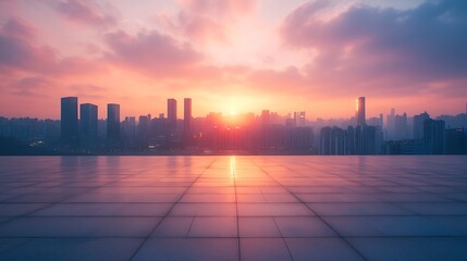 Poster - Empty square floors with modern city buildings scenery at sunrise in Chongqing : Generative AI