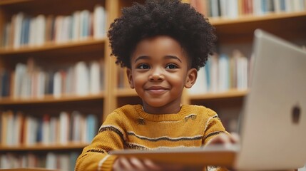 Poster - Talented Small African American Boy Using a Laptop Computer in Class Portrait of a Happy Elementary School Student Studying Hard Learning New Things Getting Modern Education Online : Generative AI