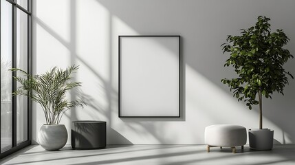 Wall Mural - Mockup rectangle frame in minimalist interior background Empty frame with natural sunlight on white wall : Generative AI