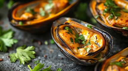 Cooked open chilean mussel Mytilus chilensis L  and parsley leaves closeup Healthy seafood : Generative AI