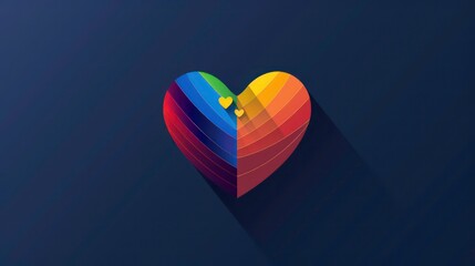 Wall Mural - A multicolored paper heart with a long shadow on a dark blue background.