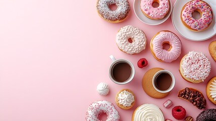 Poster - Table with various cookies donuts cakes cheesecakes and coffee cups  on pink background  Delicious dessert table Top view flat lay : Generative AI