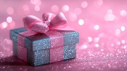 Blue sparkling gift box with pink ribbon bow on pink bokeh background Gift or holiday concept Mothers Day birthday wedding or St Valentines day with copy space Minimal monochrome wide  : Generative AI